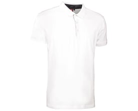 ID Identity hvid polo shirt i str. M med stretch-kvalitet, fremstillet af single jersey, med skjortekrave og matchende knapper.