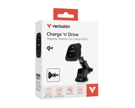 Verbatim Charge 'n' Drive Qi2 magnetisk trådløs biloplader i sort emballage med produktbilleder og ikoner.