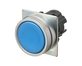 Omron A22NZ-MNM-NAA trykknap med Ø22mm, børstet metal, blå, momentan funktion og flad overflade.