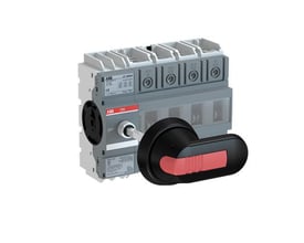 ABB lastafbryder OT160G04P, 160A, 4-polet, med sort drejegreb og venstremonteret mekanisme på hvid baggrund.