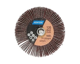 Norton Metal R207PLUS slibevift på skaft med brune slibelameller og mærkning for korn P120 og diameter 40 mm.