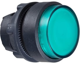 Schneider Electric lampetrykhoved ZB5AW133 i grøn kunststof, Ø22 mm, vist på mørk baggrund.
