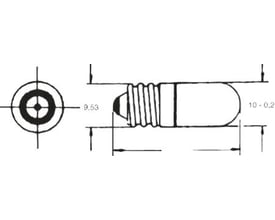 Teknisk tegning af Kerger E10 glødelampe med dimensioner for 6V, 0,18A og 10x23mm.