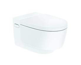 Geberit AquaClean Mera Classic væghængt toilet med douchefunktion, præsenteret i et hvidt porcelænsdesign.