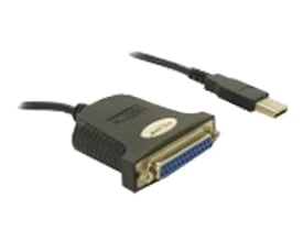 Delock USB 1.1 til parallel adapterkabel på 0,8 meter, viser både USB A-stik og DB25 han-stik i sort.