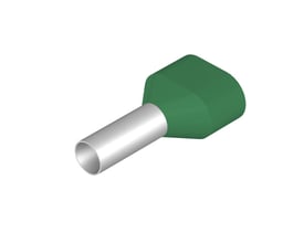 Grønt Weidmüller twin terminalrør til 2 x 6mm² ledere, med sølvfarvet metalrør og grøn plastisolering.