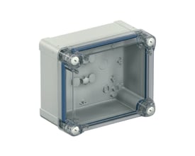 Schneider Electric Thalassa TBS ABS kasse 225x175x120mm med transparent låg og grå bund på hvid baggrund.