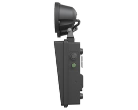 Ansell Lighting Raptor twin-spot nødlampe i sort polycarbonat, set fra siden med detaljer som knapper og indikatorlampe.