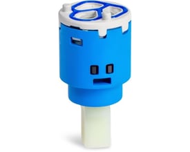 Kartouche FK-0326 i blå plast til Blue Label håndvaskarmatur, høj model, med hvid top og beige spindel.