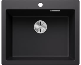 Top view af Blanco Pleon 6-F UXI køkkenvask i sort SILGRANIT, 60,5 x 50 cm, med hanehul og kurveventil.