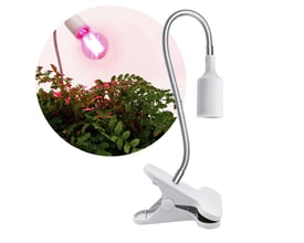 Hvid Kobi PLANTY CLIP-klemmelampe til grolys med fleksibel arm og E27-fatning; en illustration viser den over planter.