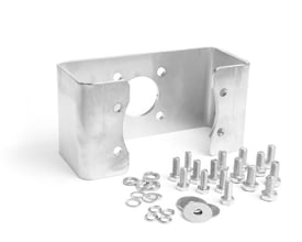 Siemens Namur montagebeslag i rustfrit stål, 30x80x30mm, med et centralt hul til pneumatisk aktuator og inkluderer forskellige skruer og spændeskiver.