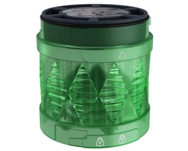 Nærbillede af Schneider Electric XVU-lystårn LED modul i grøn, der viser 24V, blinkfunktion og 60mm diameter.