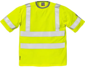 Detaljeret billede af Kansas Hi-Vis t-shirt i gul str XL, viser sømme, ribkrave og refleksbåndets placering på ærmet.