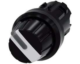Siemens Sirius Act 22mm rund plast omskifter med lysbar og sort/hvid drejeknap, vist med en 90° aktiveringsvinkel.