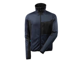 Komplet Mascot fleecetrøje 17103 i mørk marineblå og sort, vist frontalt med lynlås, brystlomme og krave på hvid baggrund.