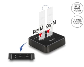 Delock M.2 docking station med kloningsfunktion til 2 x M.2 NVMe SSD'er, viser indsættelse af SSD'er og M.2-ikon.