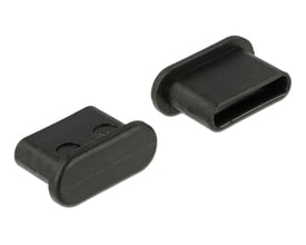 Sort DeLock-støvhætte uden greb til USB Type-C-hunport, vist fra to vinkler med stikenden og den lukkede ende.