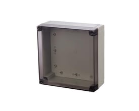 Fibox PICCOLO montagekasse i polycarbonat med gråt låg, mål 80x110x65 mm, IP66/67, IK08, klar til elektronikinstallation.