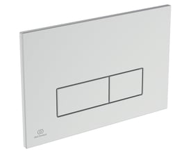 Nærbillede af Ideal Standard OLEAS betjeningsplade i blank krom, med logo og dobbeltskyl knapper på en neutral baggrund.