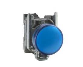 Schneider Electric robust signallampe XB4BVGM6T med LED i blå farve og metalhus til tavlelåger, 110-230VAC.