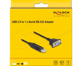 Emballagen til DeLock USB til RS-232-adapteren med DB9-hunstik viser det sorte kabel og FTDI-chipset.