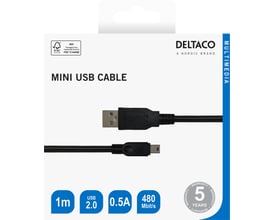 Deltaco USB 2.0-kabel med mini-B-stik og sort ledning vist på emballagens forside med 1 meter kabel.