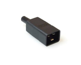Sort 3-polet C20 han-apparatstik til 250V og 16A med synlige skrueterminaler på hvid baggrund.