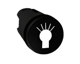 Sort plan trykknap fra Schneider Electric, Harmony XB5 serie, med hvid lampe symbol og sort bagmontering.