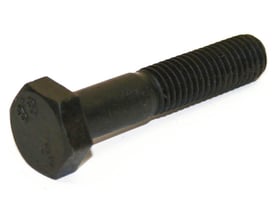 Detalje af sort stålbolt M16x70, ISO 4014/DIN 931, kvalitet 8.8, med synligt gevind og 6-kant hoved.