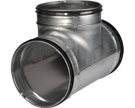 Lindab Safe TCPU T-rør i galvaniseret stål med Ø200mm hovedrør og 90° centrisk Ø125mm afgrening.