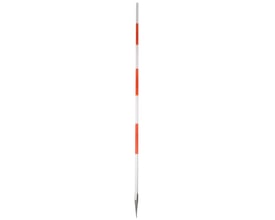 Fuld længde af Finodan landmålestok i træ, 160 cm, med stålspids og den karakteristiske rød-hvide markering.