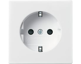 ABB B55 afdekning til stikkontakt i blank hvid 9010, med tydeligt synligt Busch-Jaeger logo på en ren hvid baggrund.