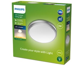 Philips Doris LED udendørs loftlampe i mat krom med 6W, 2700K varmt lys og IP44-klassificering.
