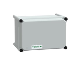 Detaljeret billede af Schneider Electric modulær kapsling i grå polyester, med synligt Schneider Electric logo og IP65-klassificering.
