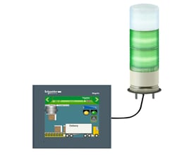 Schneider Electric lystårn Ø60 med 3 multifarvede enheder og direkte montering, forbundet til en Magelis HMI-kontrolenhed.