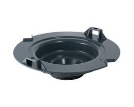 Geberit Pluvia indløbsdel i mørkegrå plast, vist fra siden på hvid baggrund, med synlige o-ringe i gummi.