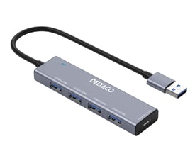 Deltaco USB-A hub i grå aluminium med fire USB 3.0 porte, tilsluttet et USB-A kabel og med angivelse af strøminput.