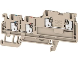 Detaljeret visning af Weidmüller signalklemme AIO21 1.5 SI, der viser den beige Wemid-konstruktion og dens interne push-in terminaler for ledere op til 1,5 mm².