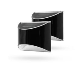 To sorte MIVO solcelle LED væglamper vist sammen med hvid baggrund, ideel til udendørs facadebelysning.