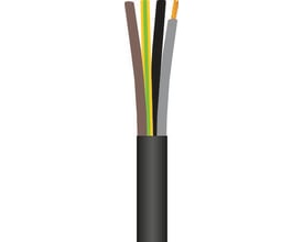 Gummikabel H07RN-F 4G1,5 mm² i sort med afisolerede ledere i brun, grøn/gul, sort og grå samt kobbertråde.