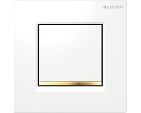 Geberit Sigma 30 pneumatisk urinalstyring i hvid med sort ramme og guldfarvet stribe.