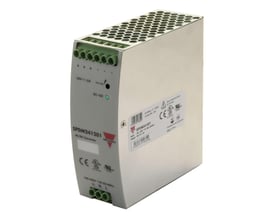 Carlo Gavazzi 10 A strømforsyning med skrueklemmer og 12 V DC-udgang, vist som sølvfarvet enhed med ventilationsgitter.