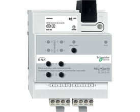 Schneider Electric persienne DIN 2X/10 med manuel betjening, monteret på DIN-skinne med tydelige knapper og LED-indikatorer.