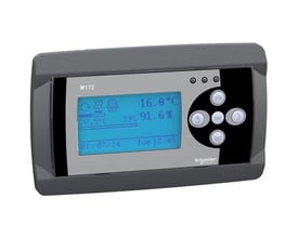 Schneider Electric M172 monokrome display med baggrundsbelyst LCD-skærm og 5 betjeningsknapper, viser temperatur og fugtighed.