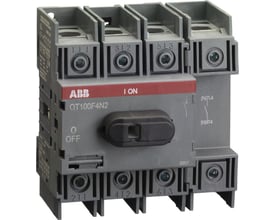 Detaljeret visning af ABB lastafbryder 125A, 4-polet, OT100F4N2, med indgraverede terminalbetegnelser og drejehåndtag i OFF position.