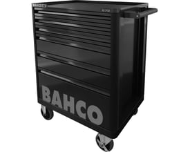 Bahco værktøjsvogn i sort, skråt set fra siden, fremviser 6 skuffer og et integreret håndtag på toppen.