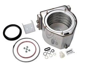 Vaillant-varmeveksler type 065114 med spiralformet kanal, pakninger, beslag og små tilslutningsdele.