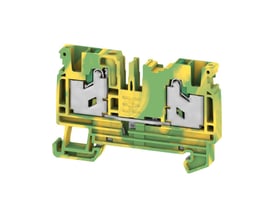 Nærbillede af Weidmüller S2C 4 PE gennemgangsklemme, der viser Snap-In mekanismen og 4mm² terminalerne i gul/grøn farve.