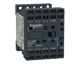 Schneider Electric kontaktor LC1K06 013P7 6A, 3P+1NC, 230V 50/60Hz med Schneider Electric logo.